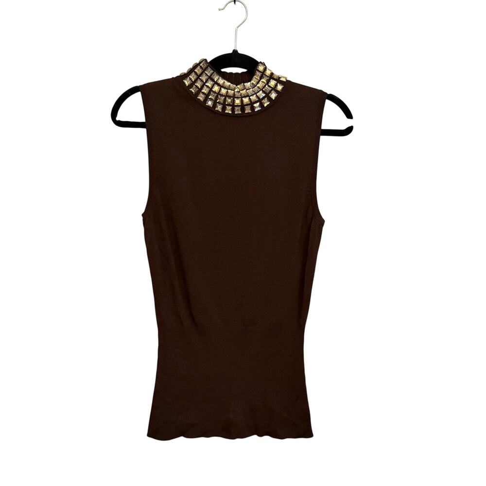 Cache Embellished Mock Neck Tank Top S Brown Ribbed Clubwear Party Career Work